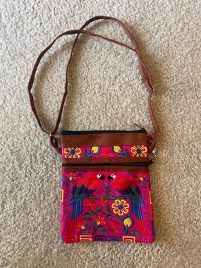 Embroidered Pink Parrot Crossbody Bag with Brown Strap